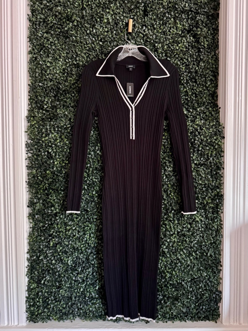 Express Black Ribbed Polo Body-con Dress with White Contrast Trim - Picture 6 of 6